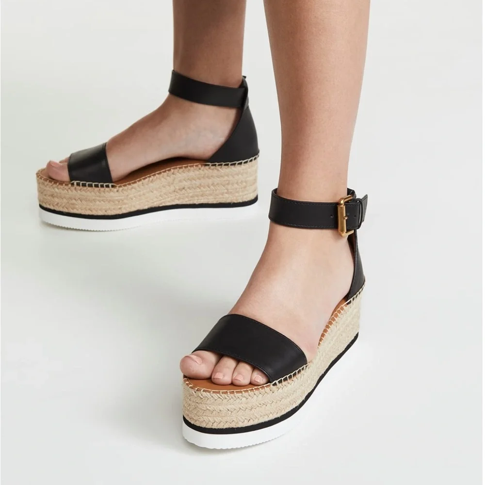 See By Chloe Black Leather Espadrille Platform Sandals